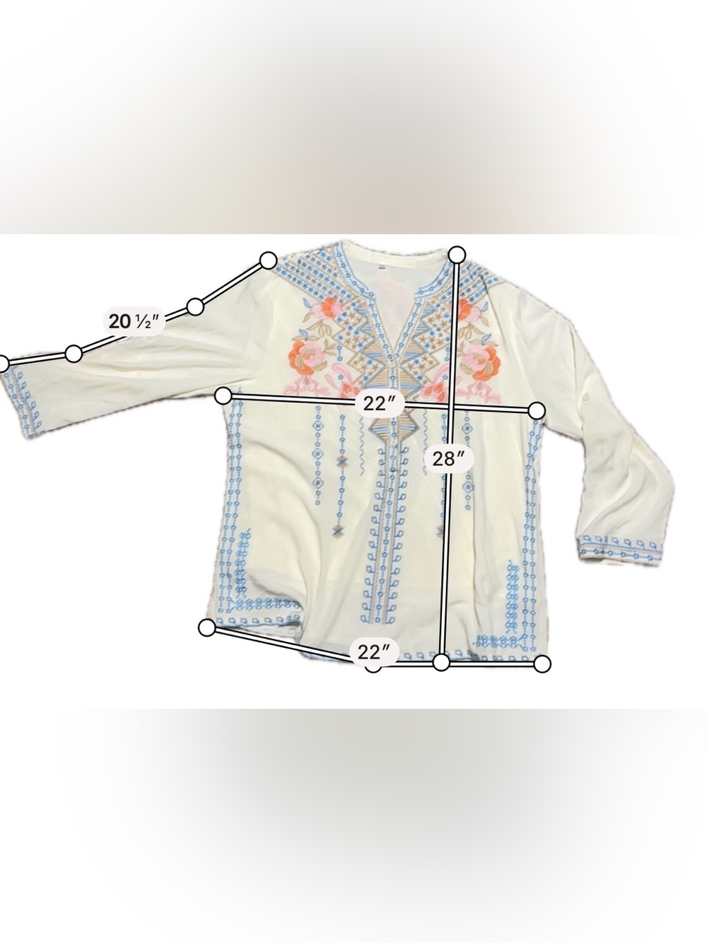 Laura Klein Boho Embroidered Tunic Top Cream Floral Southwest Peasant Blouse XL - Picture 8 of 11